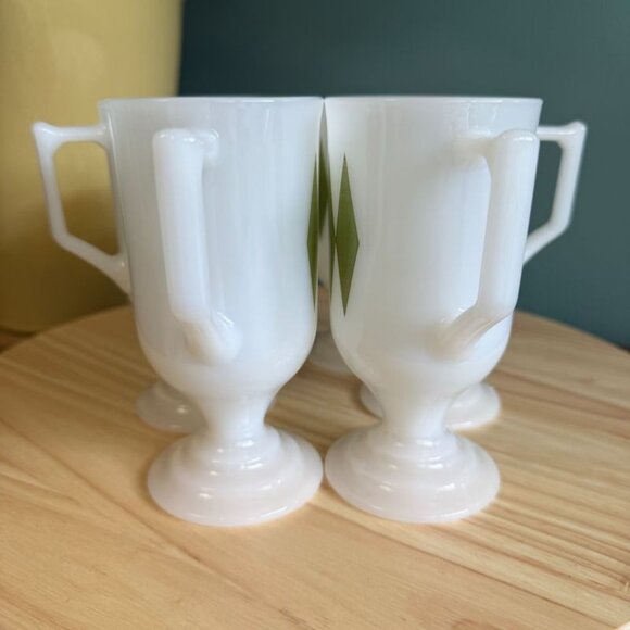 6 Vintage MCM Federal Milk Glass Footed Mugs Green Diamond Pattern 5.5" - Picture 6 of 10